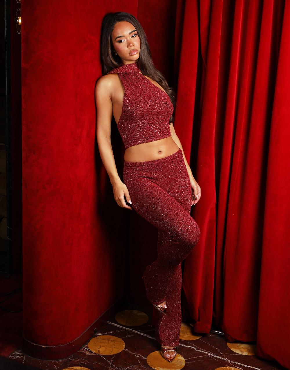 Simmi Lurex Boucle Knit Sculpting Flared Bottoms In Red