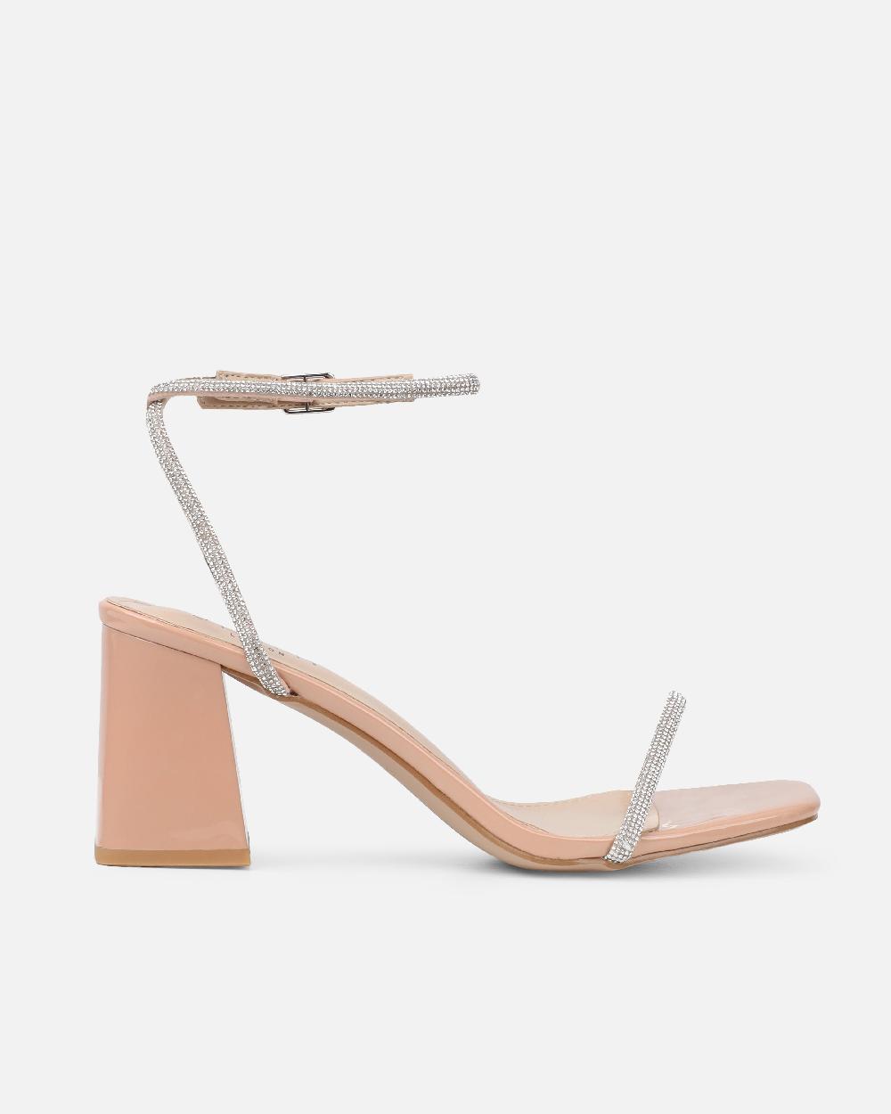 Simmi Nude Patent Diamante Low Block Heeled Sandals