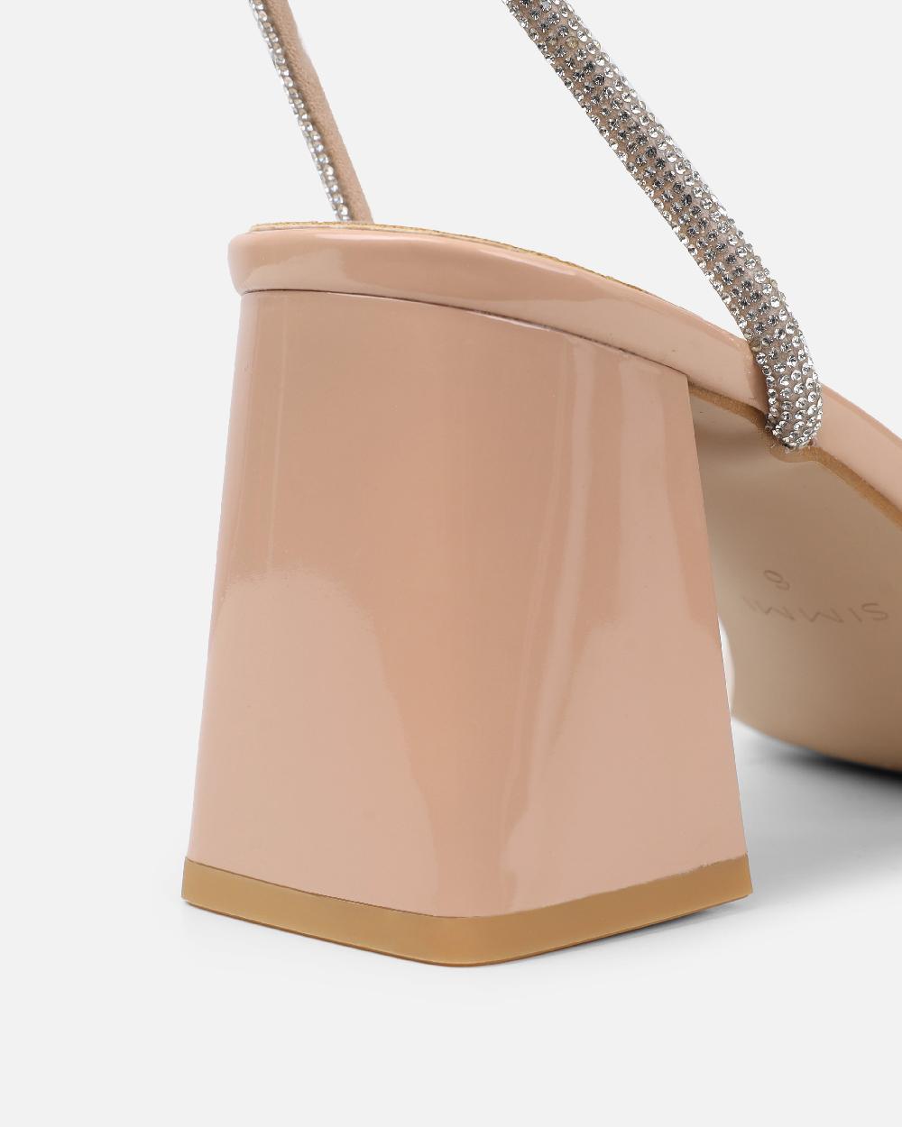 Simmi Nude Patent Diamante Low Block Heeled Sandals