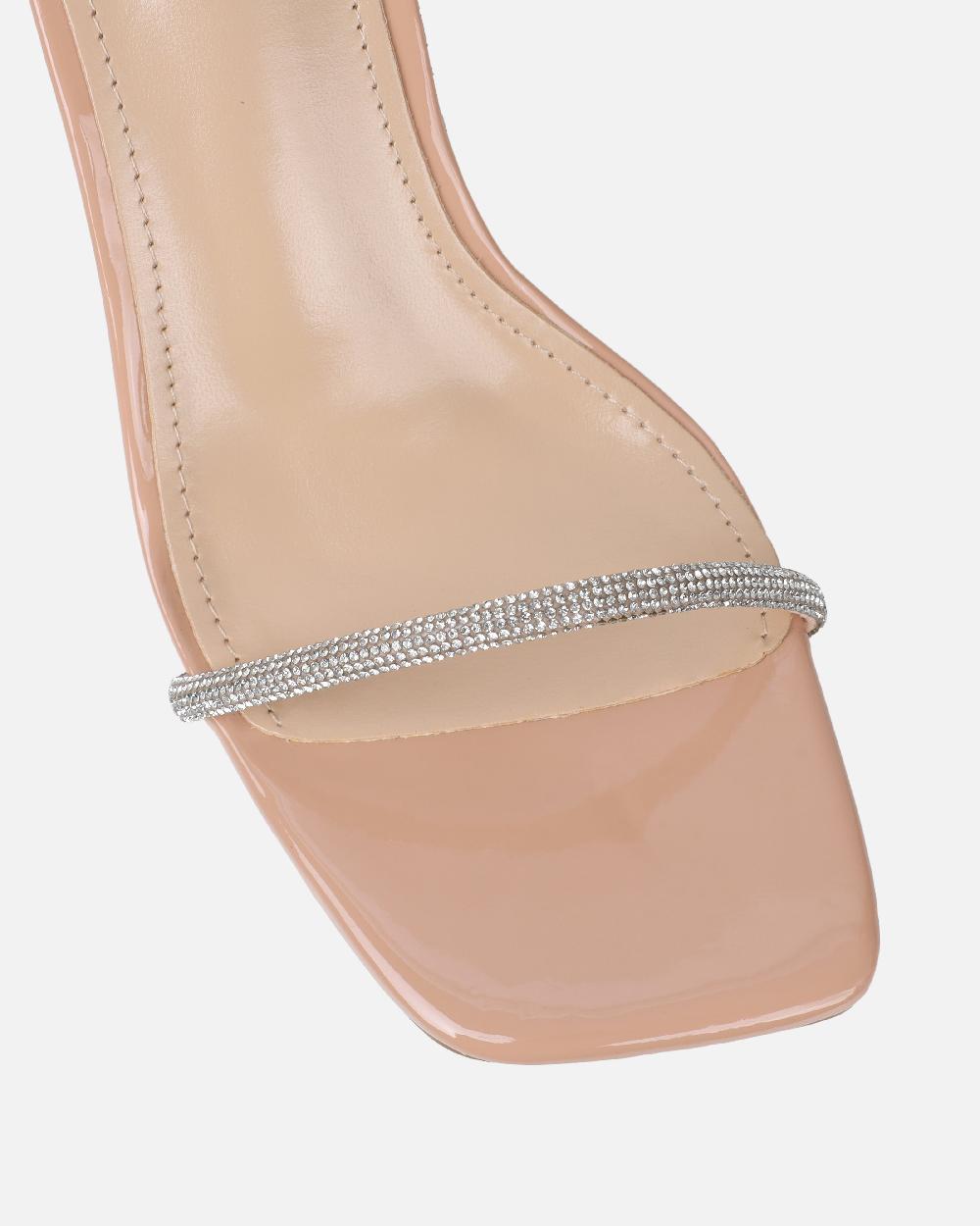Simmi Nude Patent Diamante Low Block Heeled Sandals
