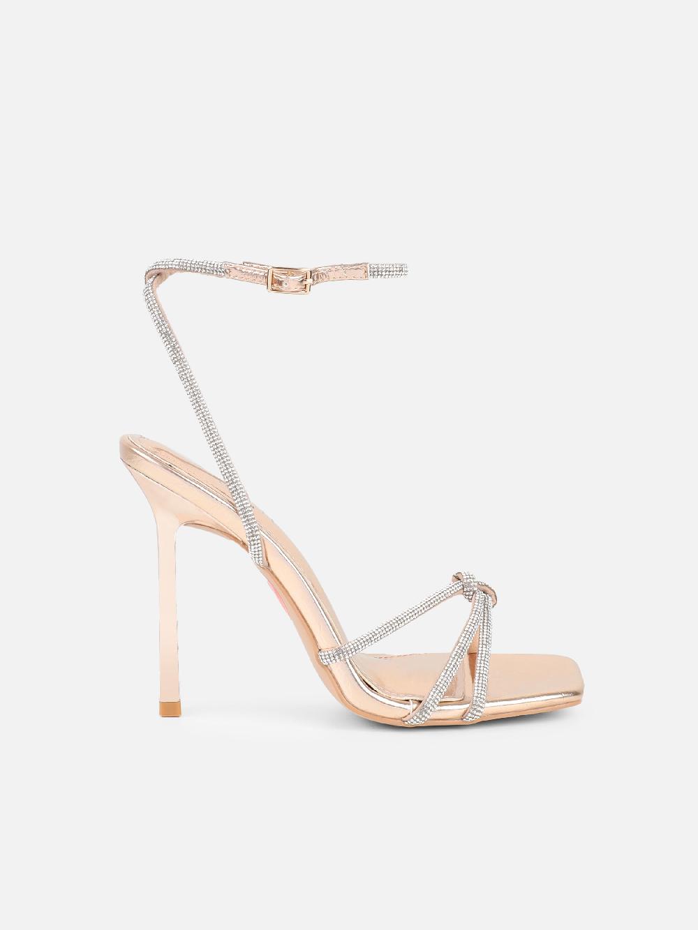 Simmi Rose Gold Metallic Diamante Knot Heeled Sandals