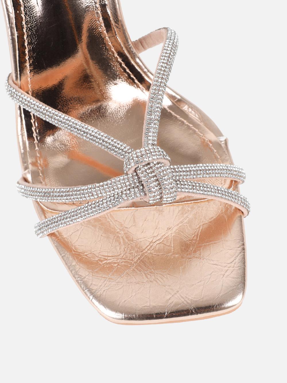 Simmi Rose Gold Metallic Diamante Knot Heeled Sandals