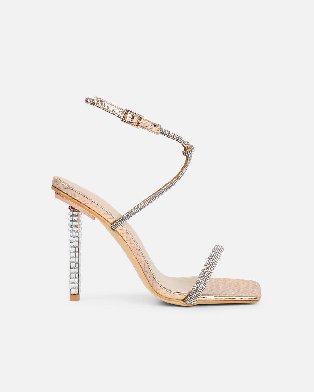 Simmi Rose Gold Snake Diamante Heeled Sandals With Iridescent Stones
