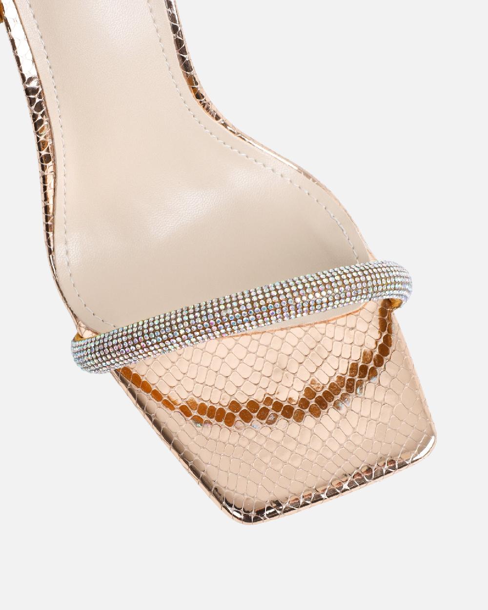 Simmi Rose Gold Snake Diamante Heeled Sandals With Iridescent Stones