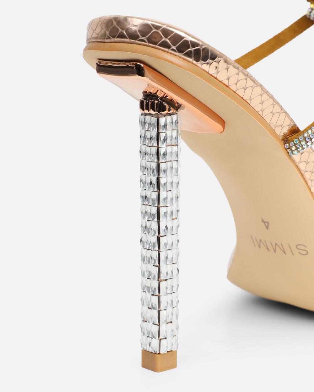Simmi Rose Gold Snake Diamante Heeled Sandals With Iridescent Stones