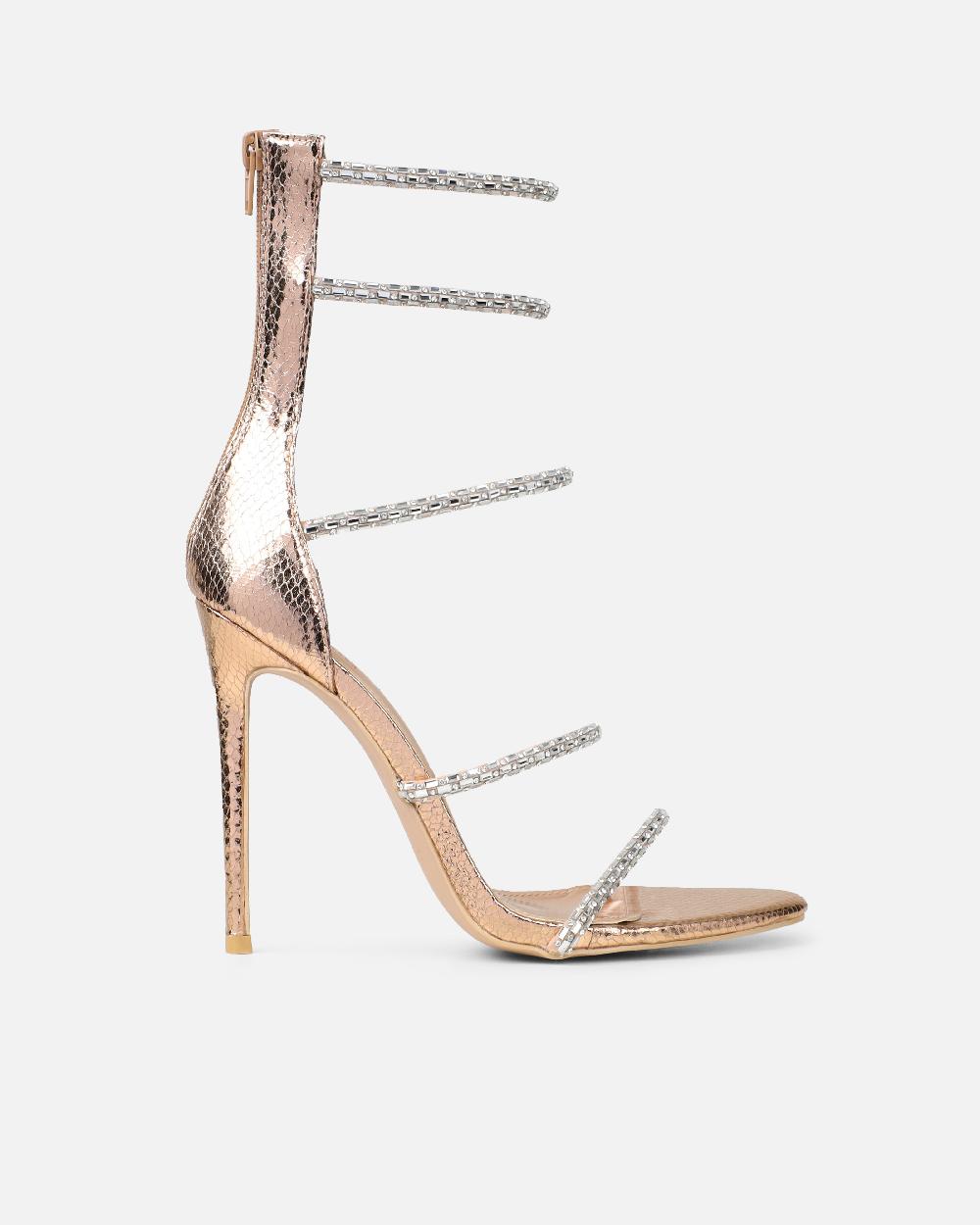 Simmi Rose Gold Snake Effect Diamante Heeled Sandals