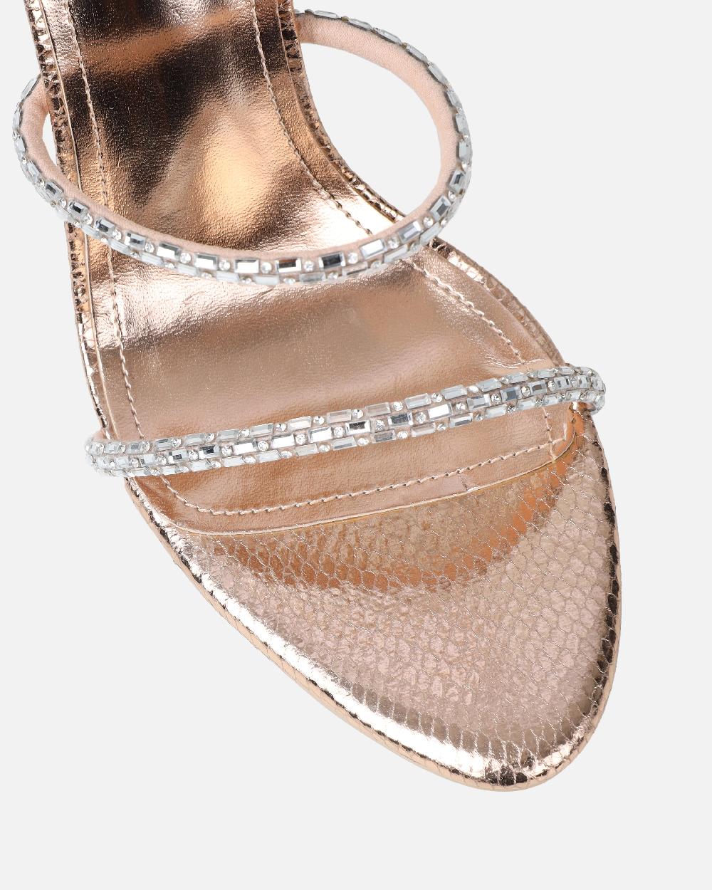 Simmi Rose Gold Snake Effect Diamante Heeled Sandals