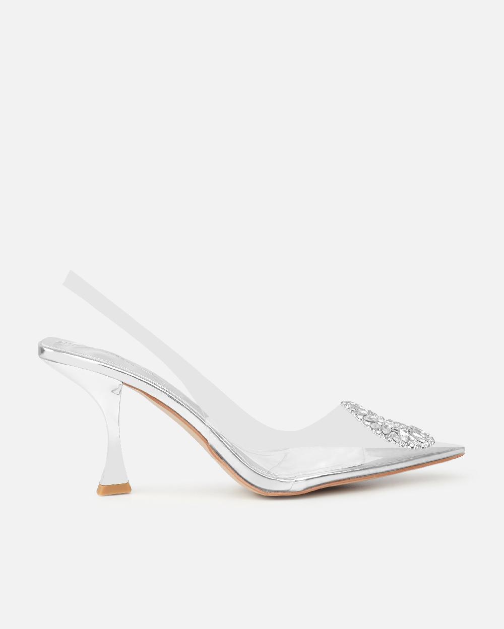 Simmi Silver Clear Diamante Slingback Mid Heel Courts