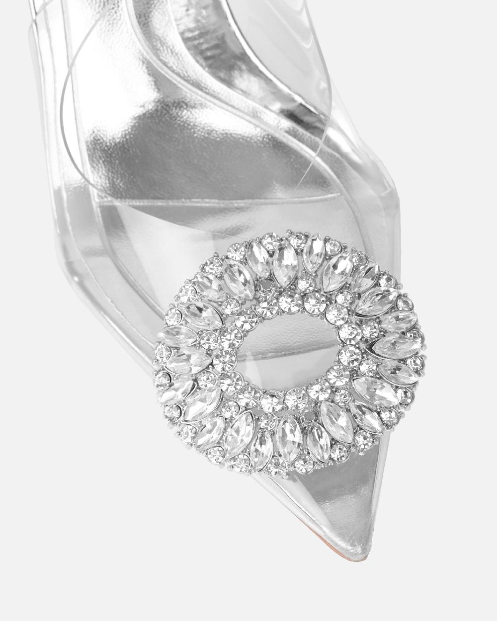 Simmi Silver Clear Diamante Slingback Mid Heel Courts