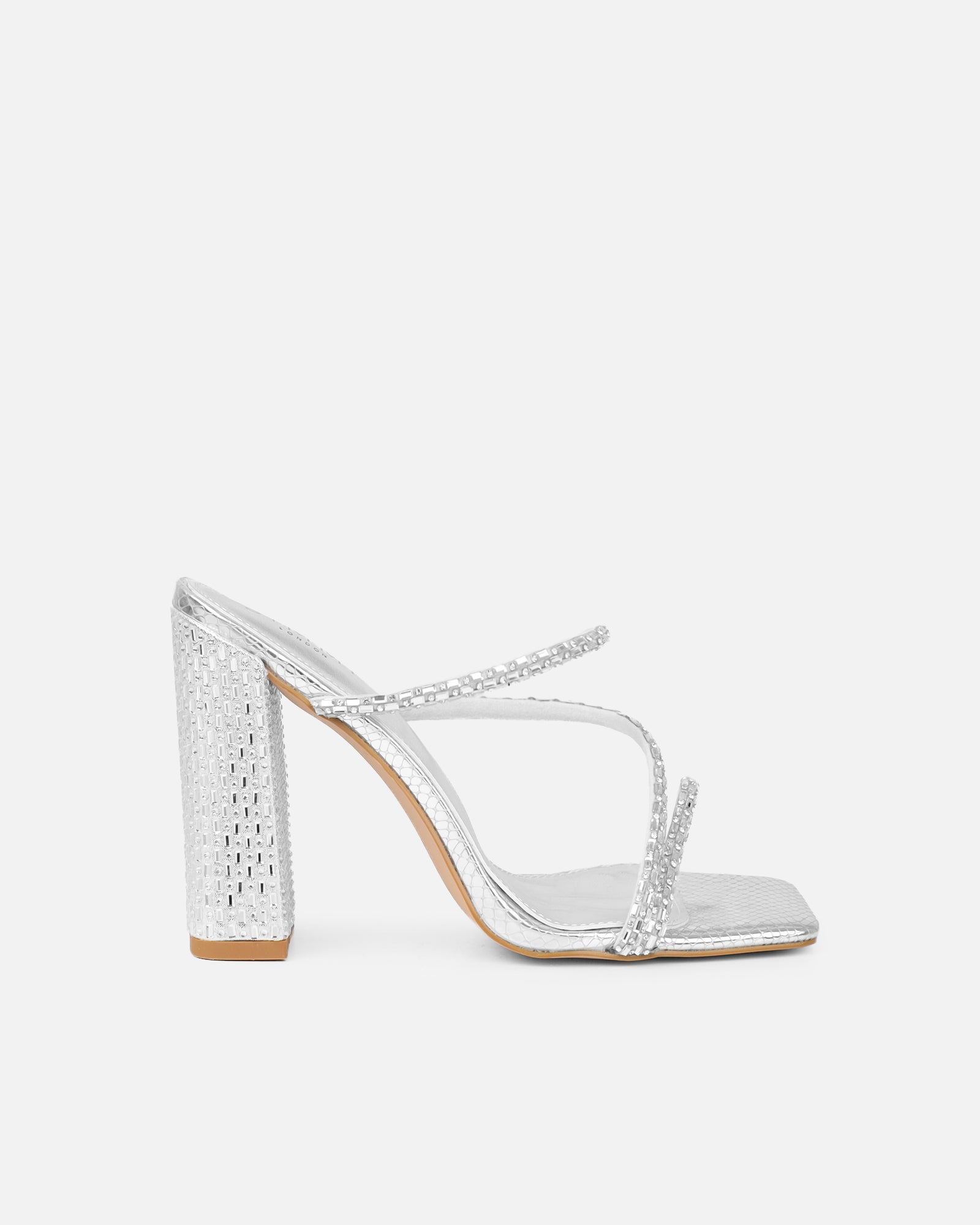 Simmi Silver Snake Effect Diamante Block Heel Sandals