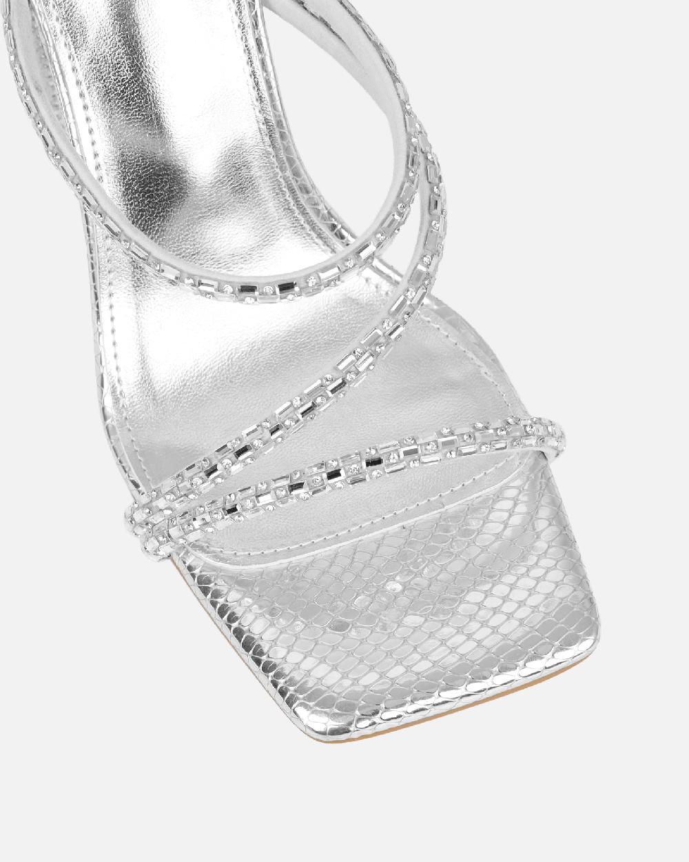 Simmi Silver Snake Effect Diamante Block Heel Sandals