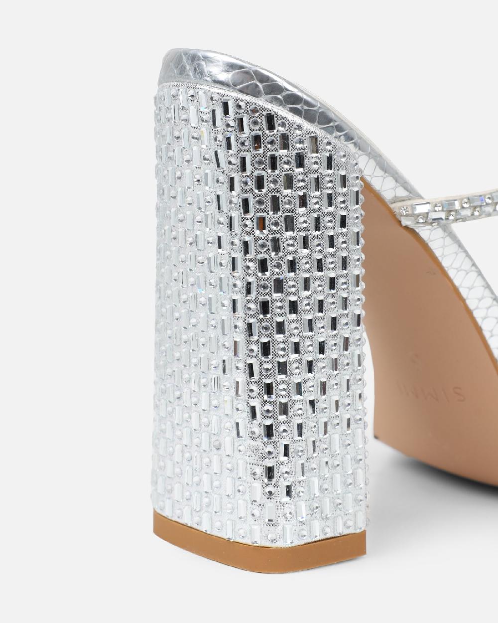 Simmi Silver Snake Effect Diamante Block Heel Sandals