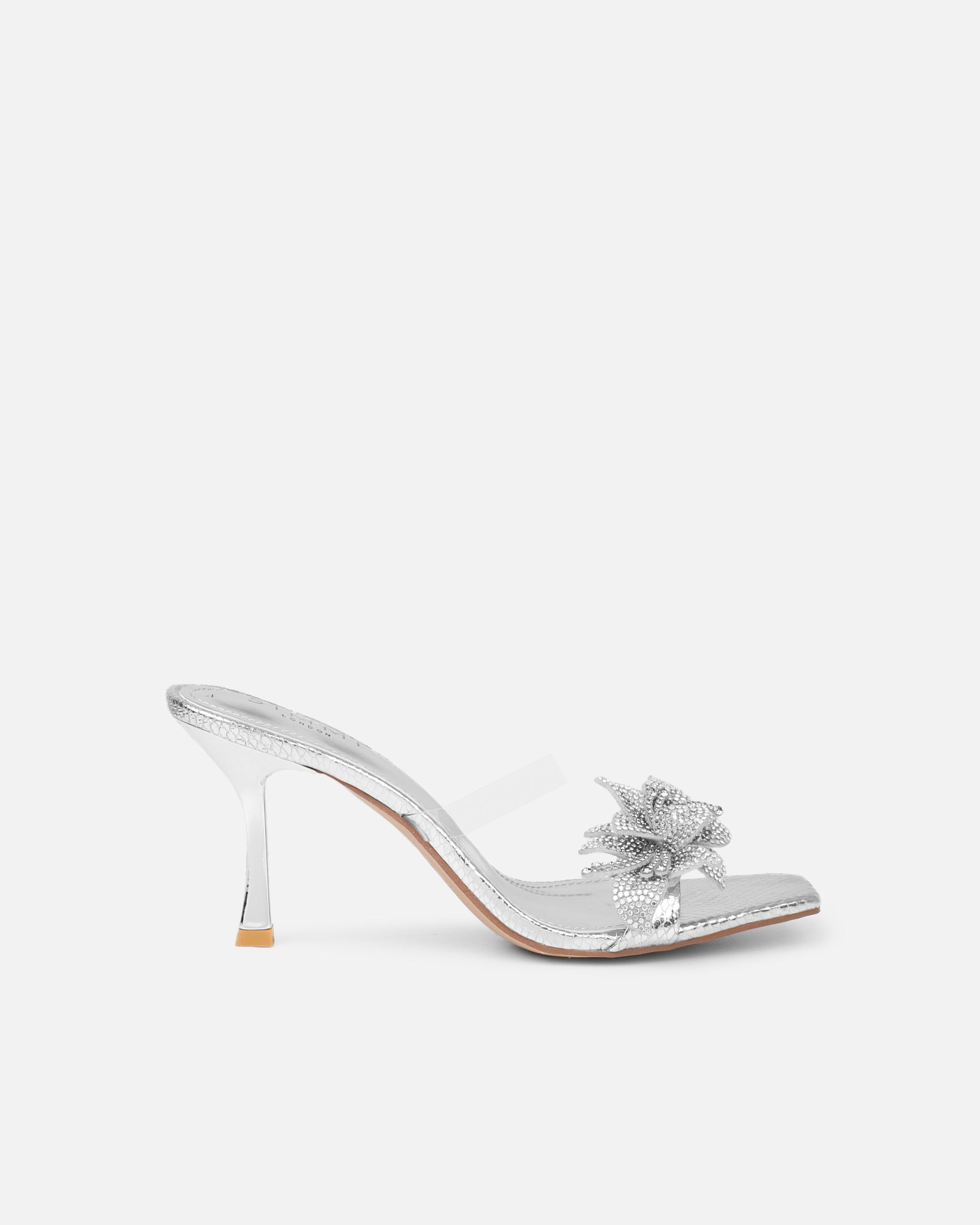Simmi Silver Snake Effect Flower Detail Mid Heeled Sandals