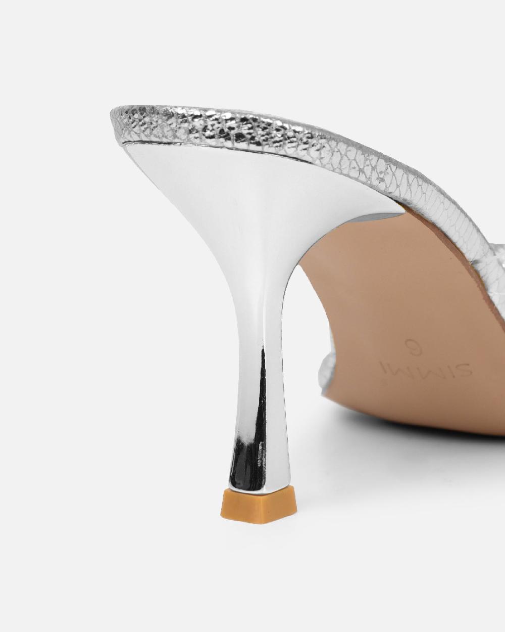 Simmi Silver Snake Effect Flower Detail Mid Heeled Sandals