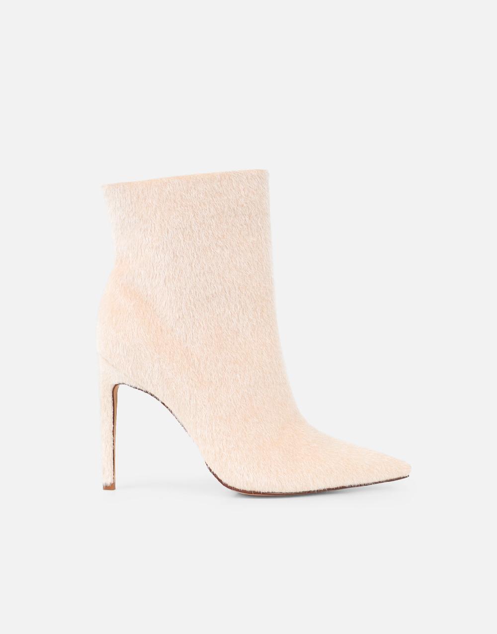 Simmi Beige Faux Pony Hair Heeled Ankle Boots