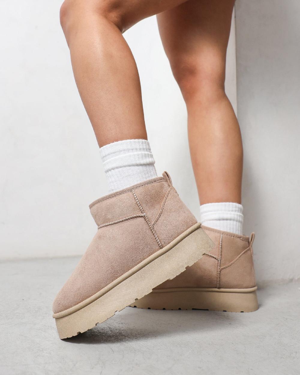 simmi Beige Faux Suede Flatform Boots