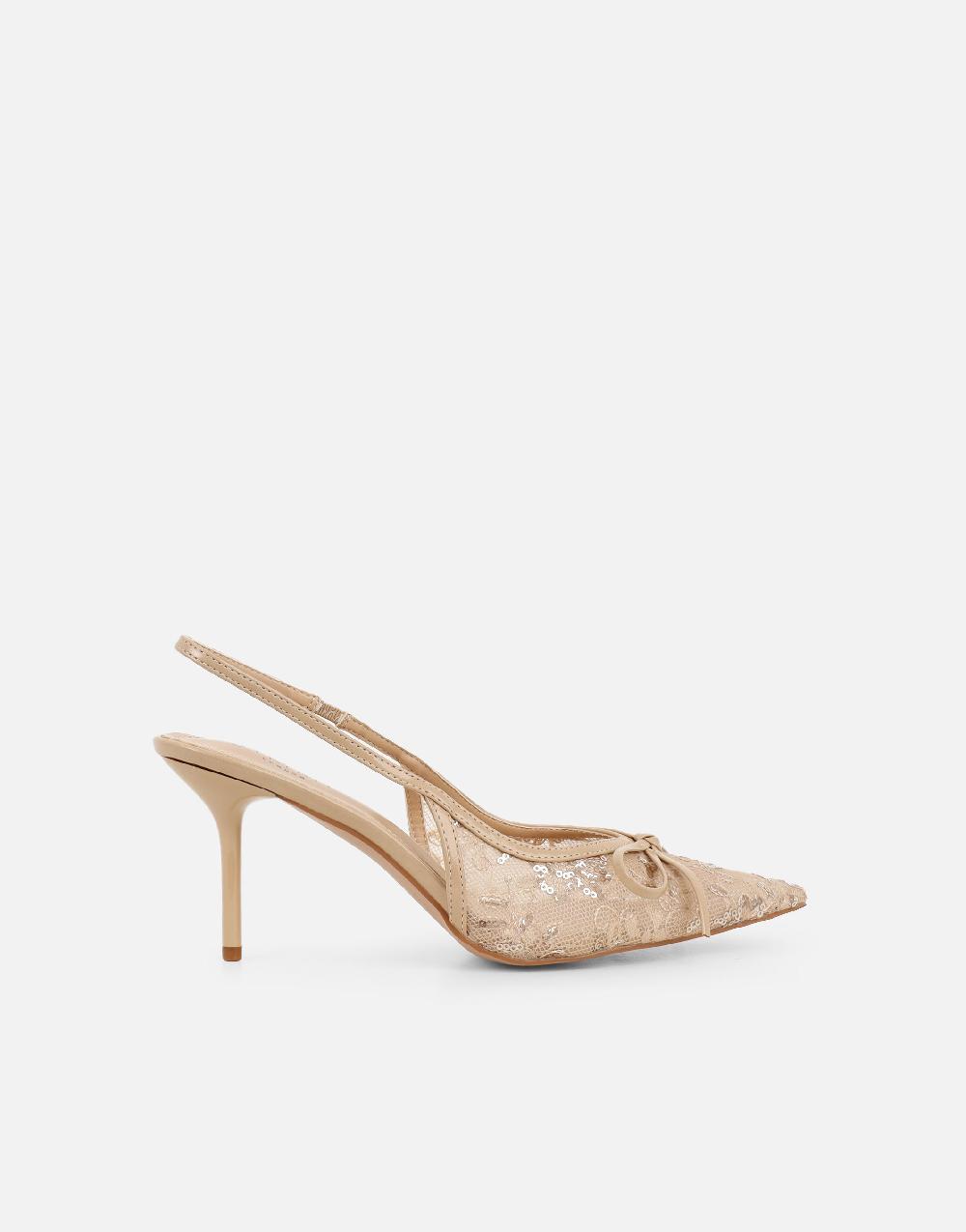 Simmi Beige Mesh Bow Detail Slingback Courts