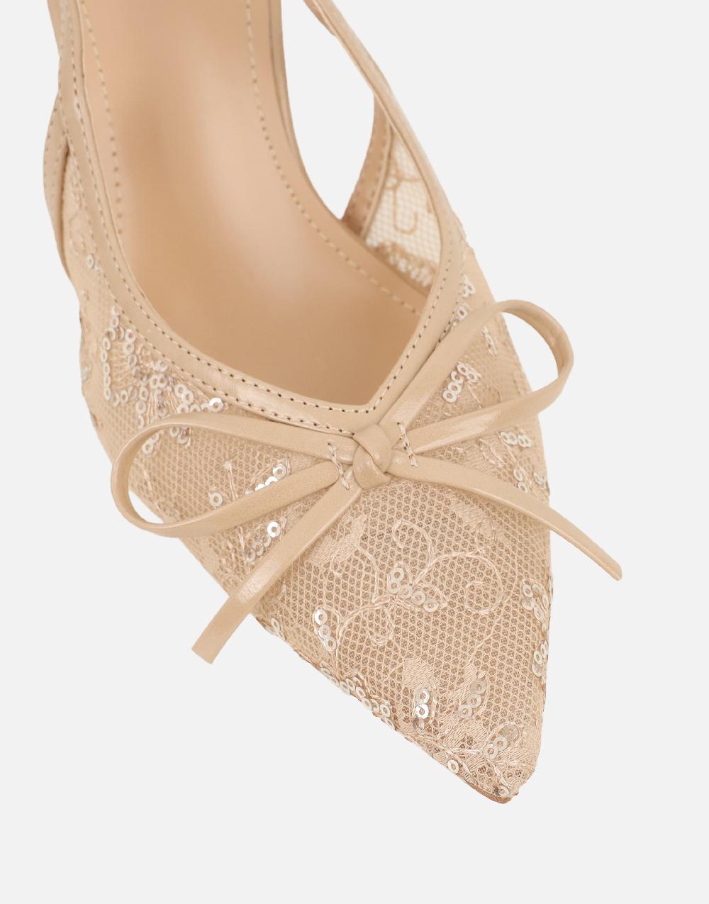 Simmi Beige Mesh Bow Detail Slingback Courts