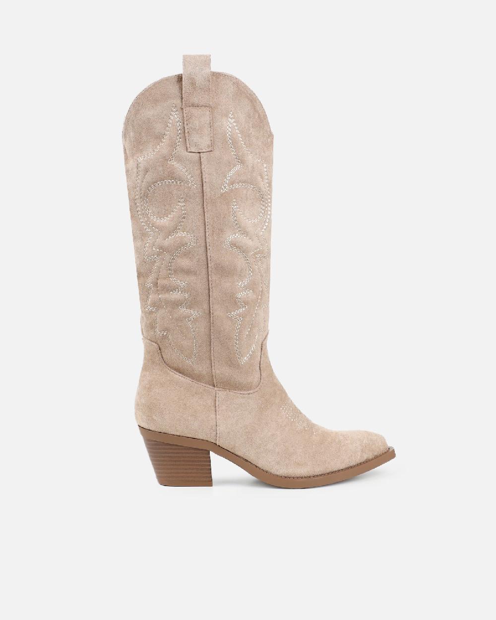 Simmi Beige Suede Embroidered Western Calf Boot