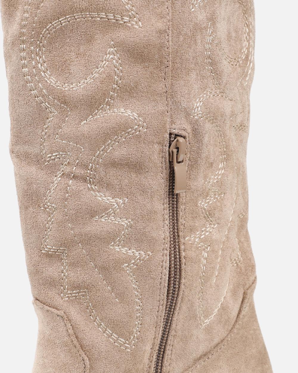 Simmi Beige Suede Embroidered Western Calf Boot