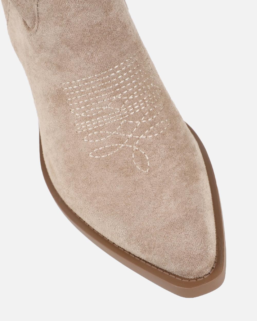 Simmi Beige Suede Embroidered Western Calf Boot