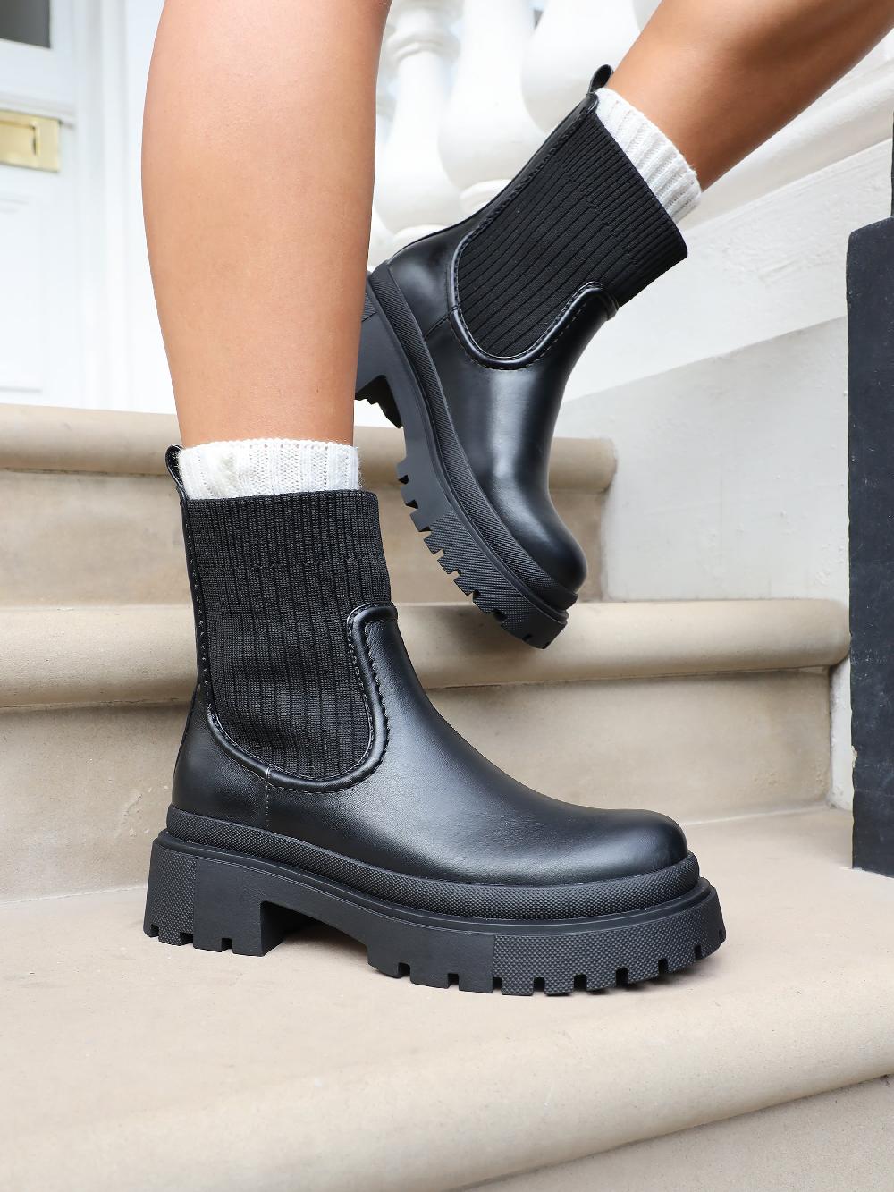 simmi Black Chunky Ankle Sock Boots