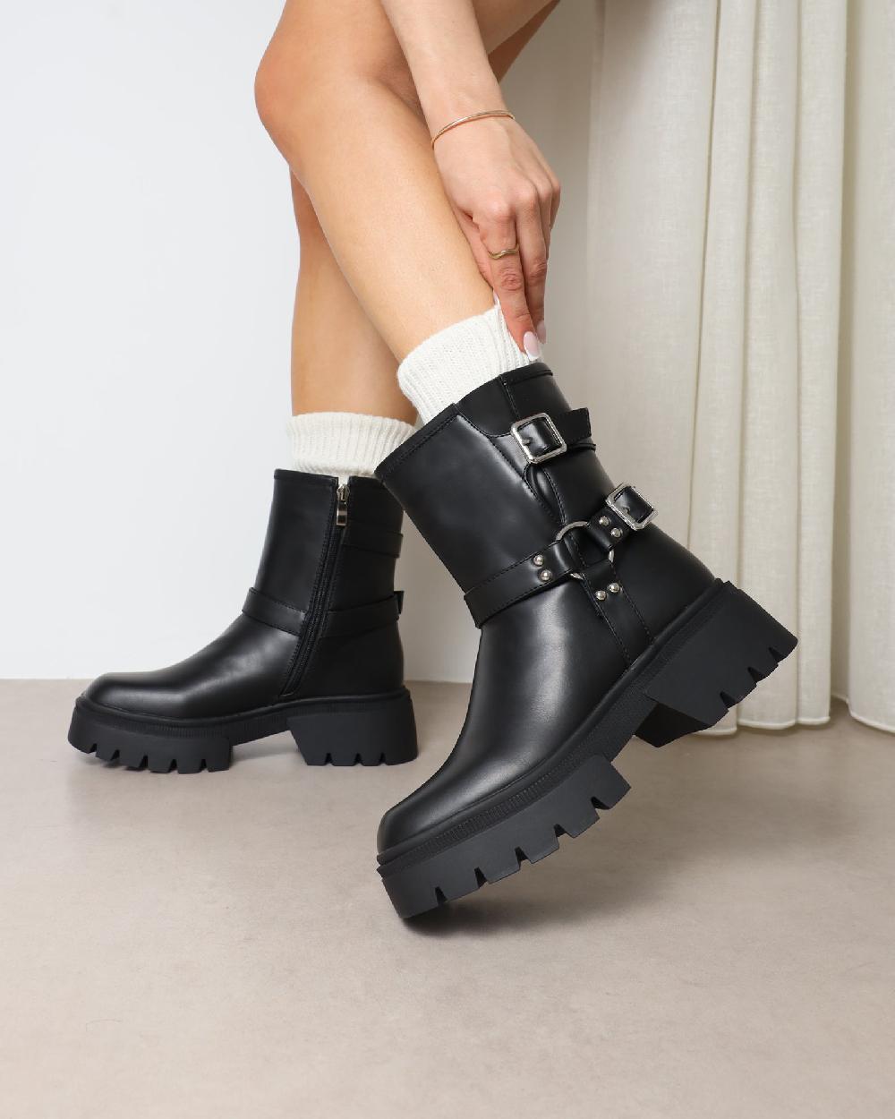 simmi Black Chunky Biker Boots