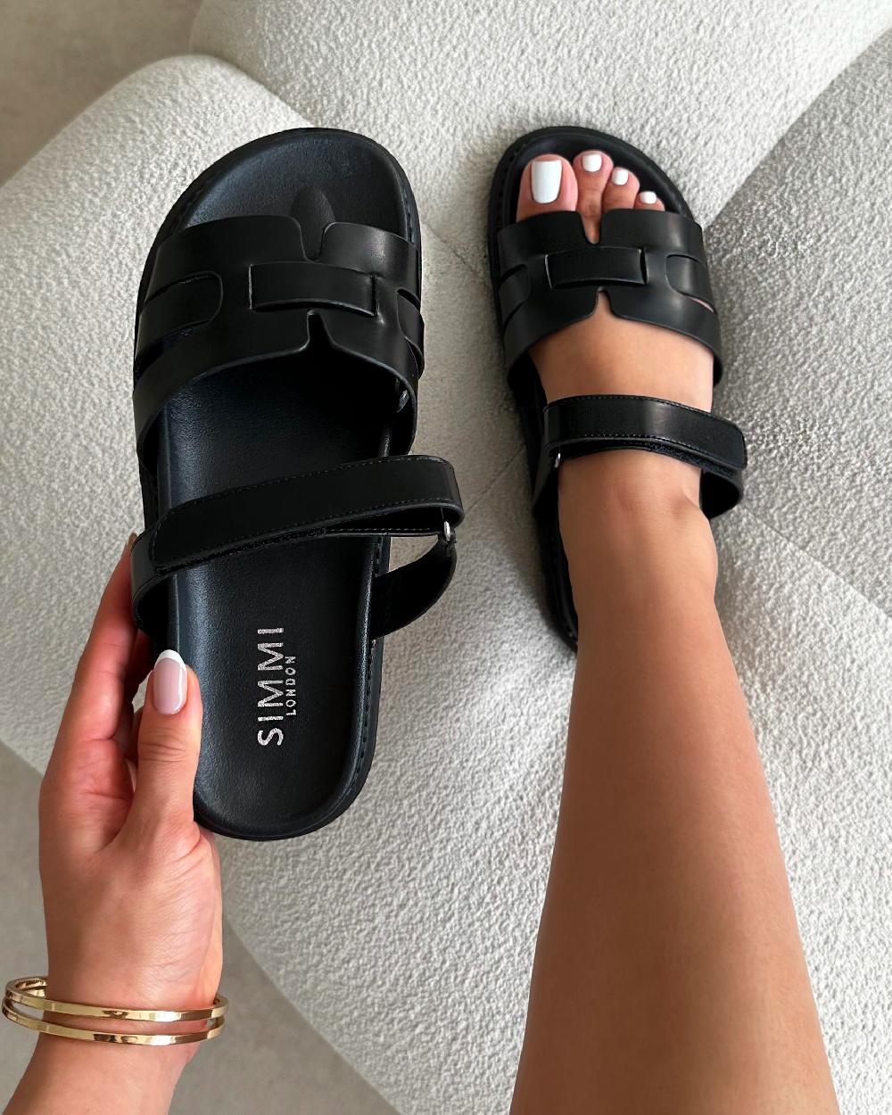 simmi Black Chunky Strap Footbed Slides