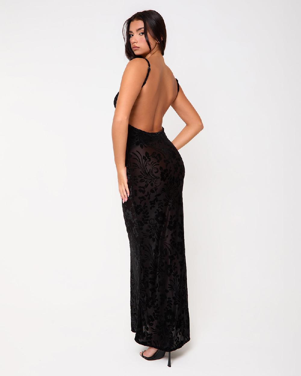 Simmi Black Devore Backless Maxi Dress