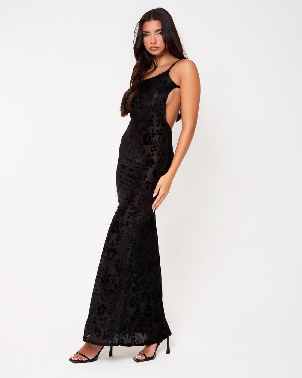 Simmi Black Devore Backless Maxi Dress