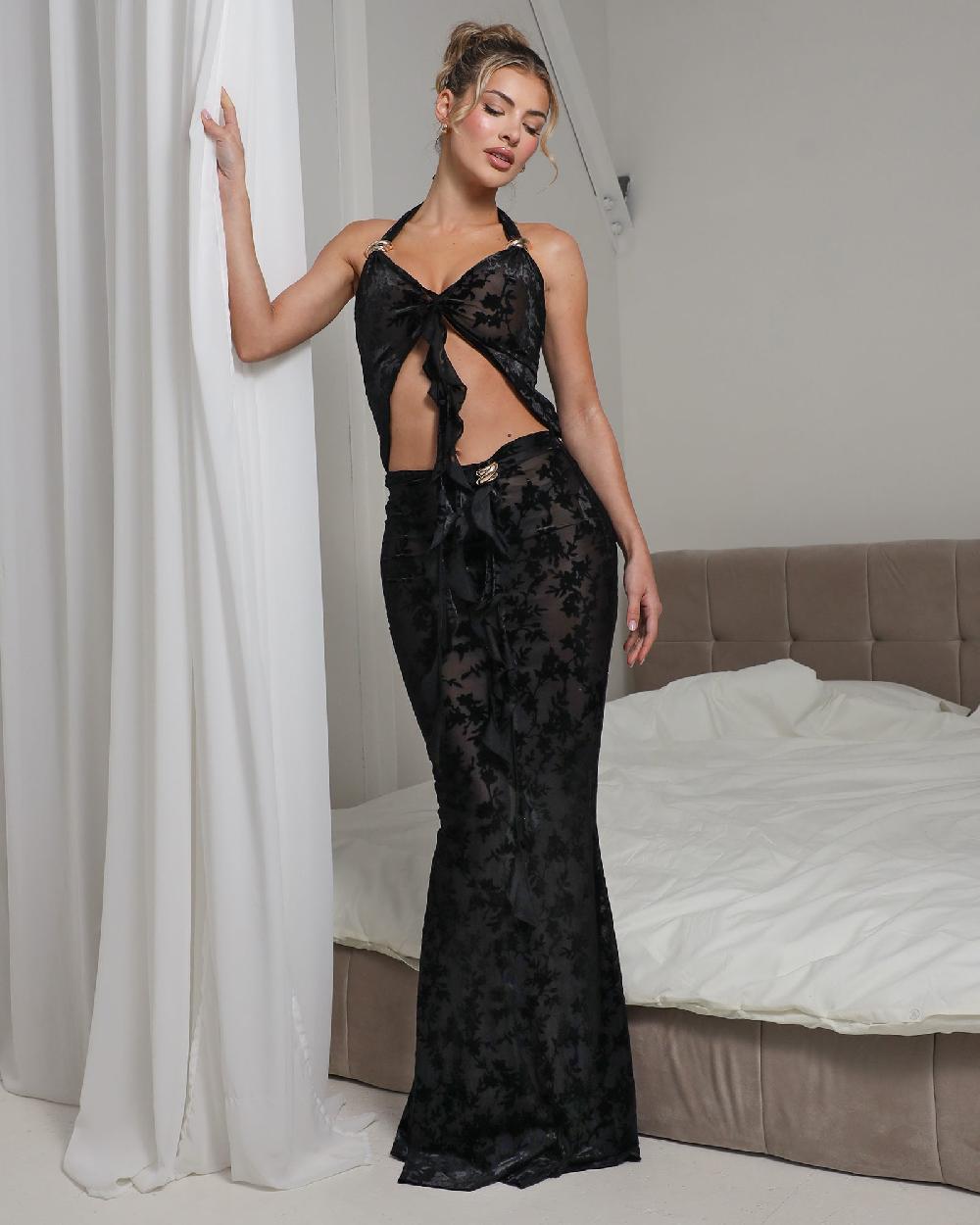 Simmi Black Devore Ruffle Top