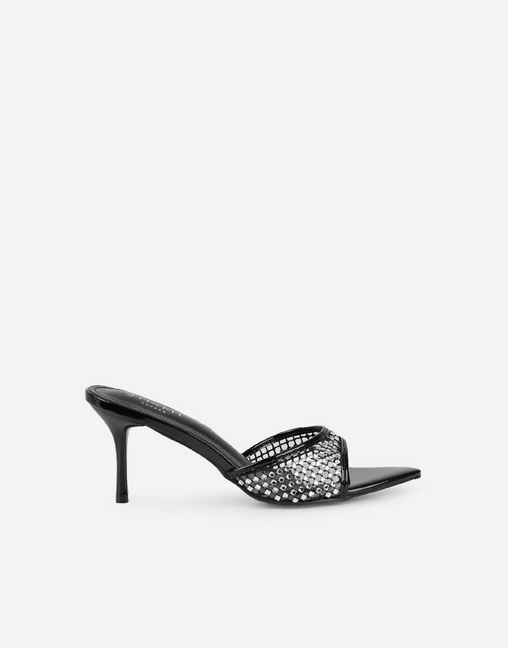 Simmi Black Diamante Mesh Mules