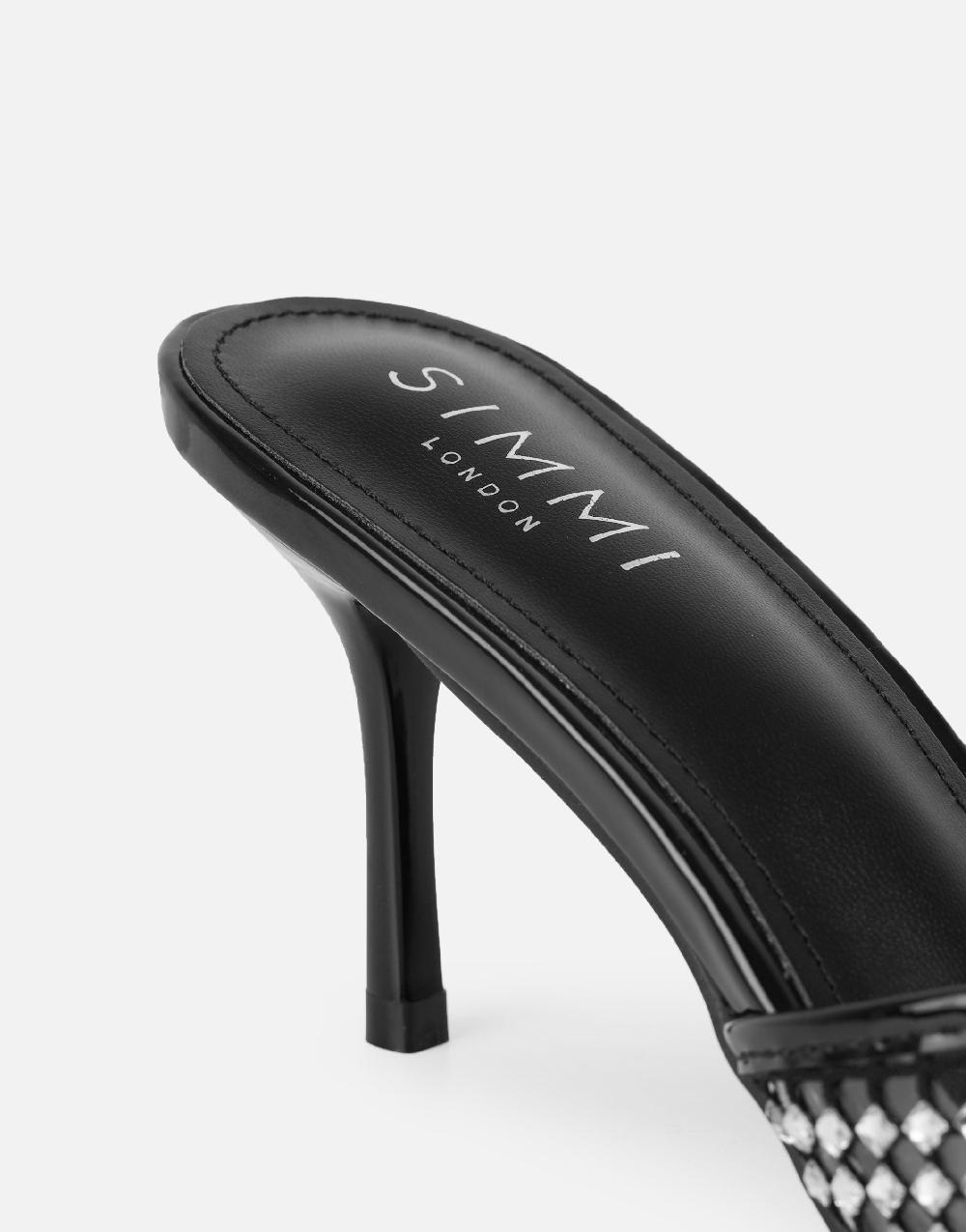 Simmi Black Diamante Mesh Mules