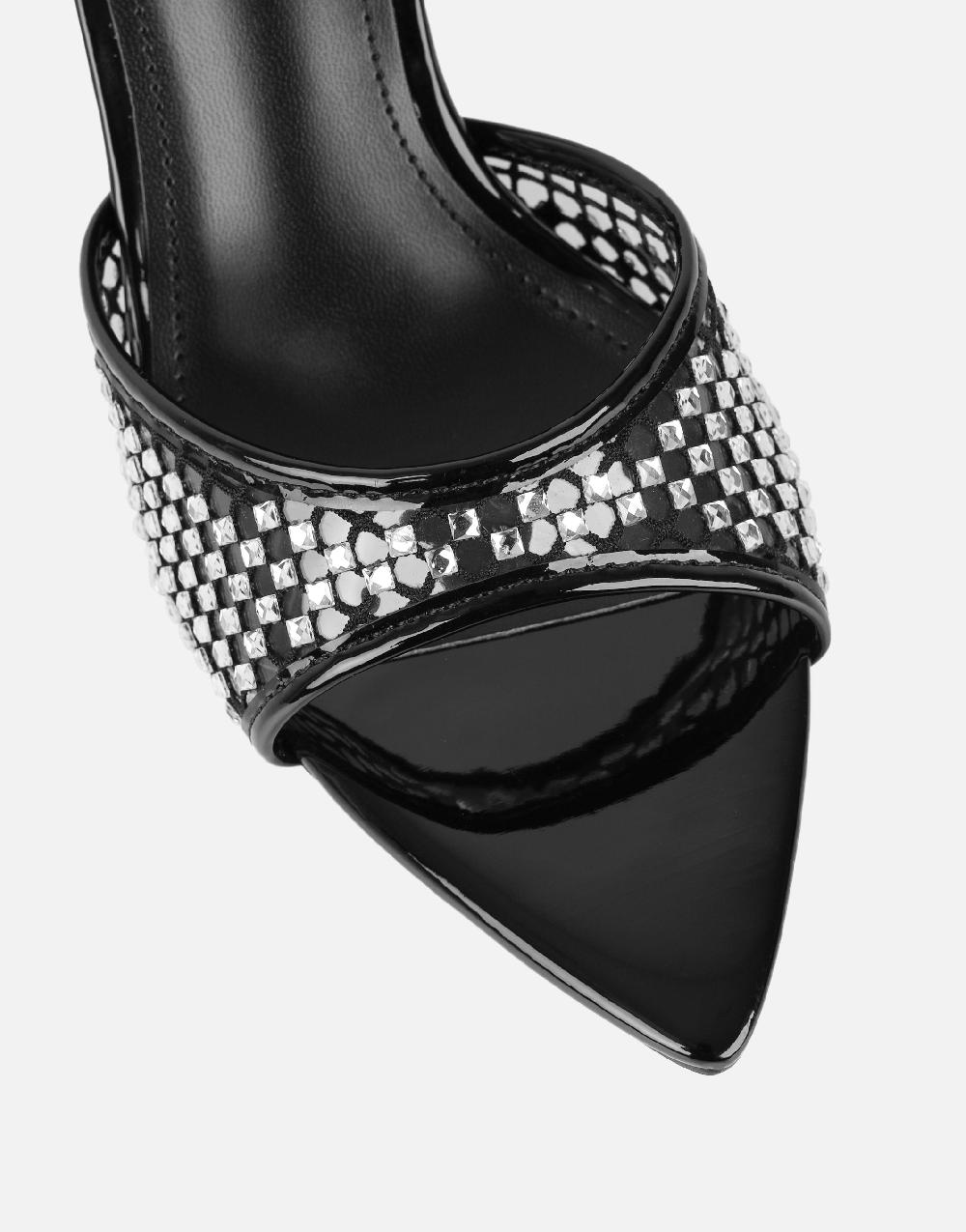 Simmi Black Diamante Mesh Mules