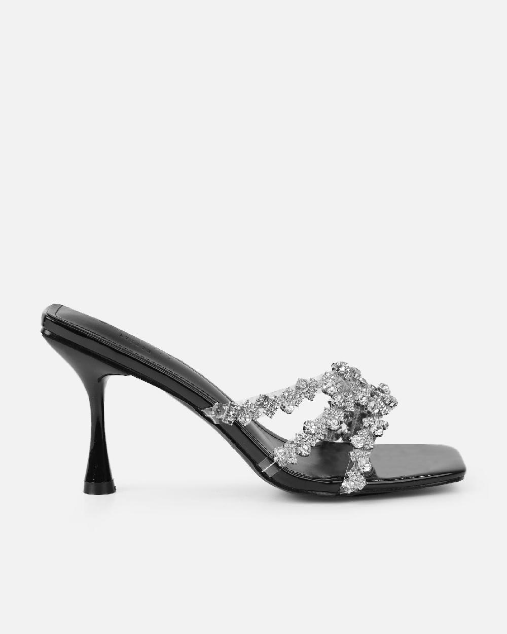Simmi Black Diamante Mid Heel Mules