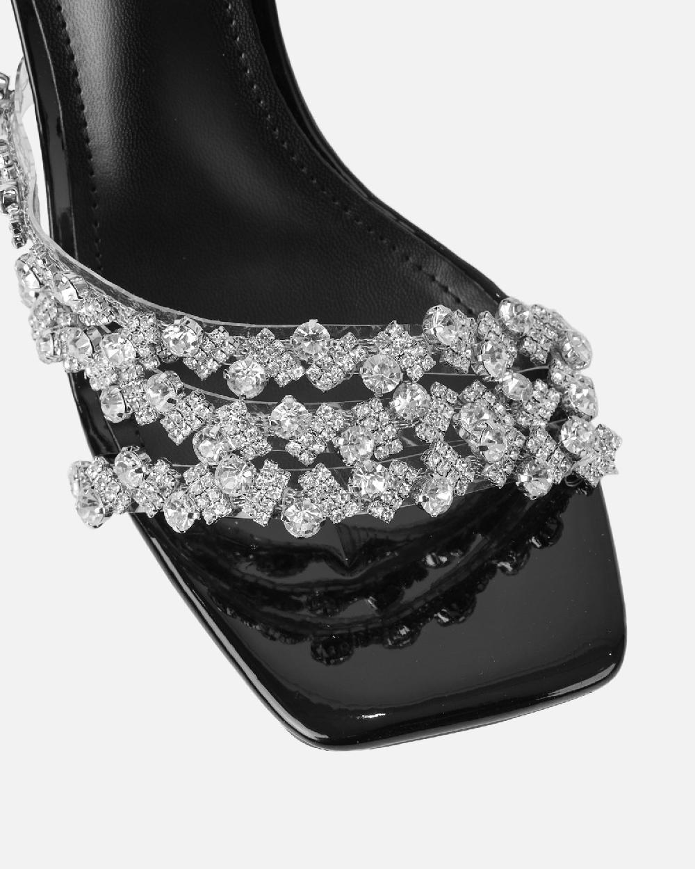 Simmi Black Diamante Mid Heel Mules