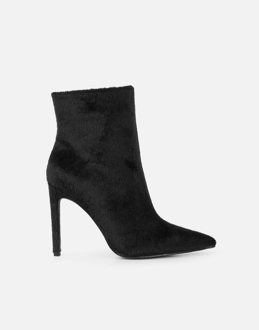 Simmi Black Faux Pony Hair Heeled Ankle Boots