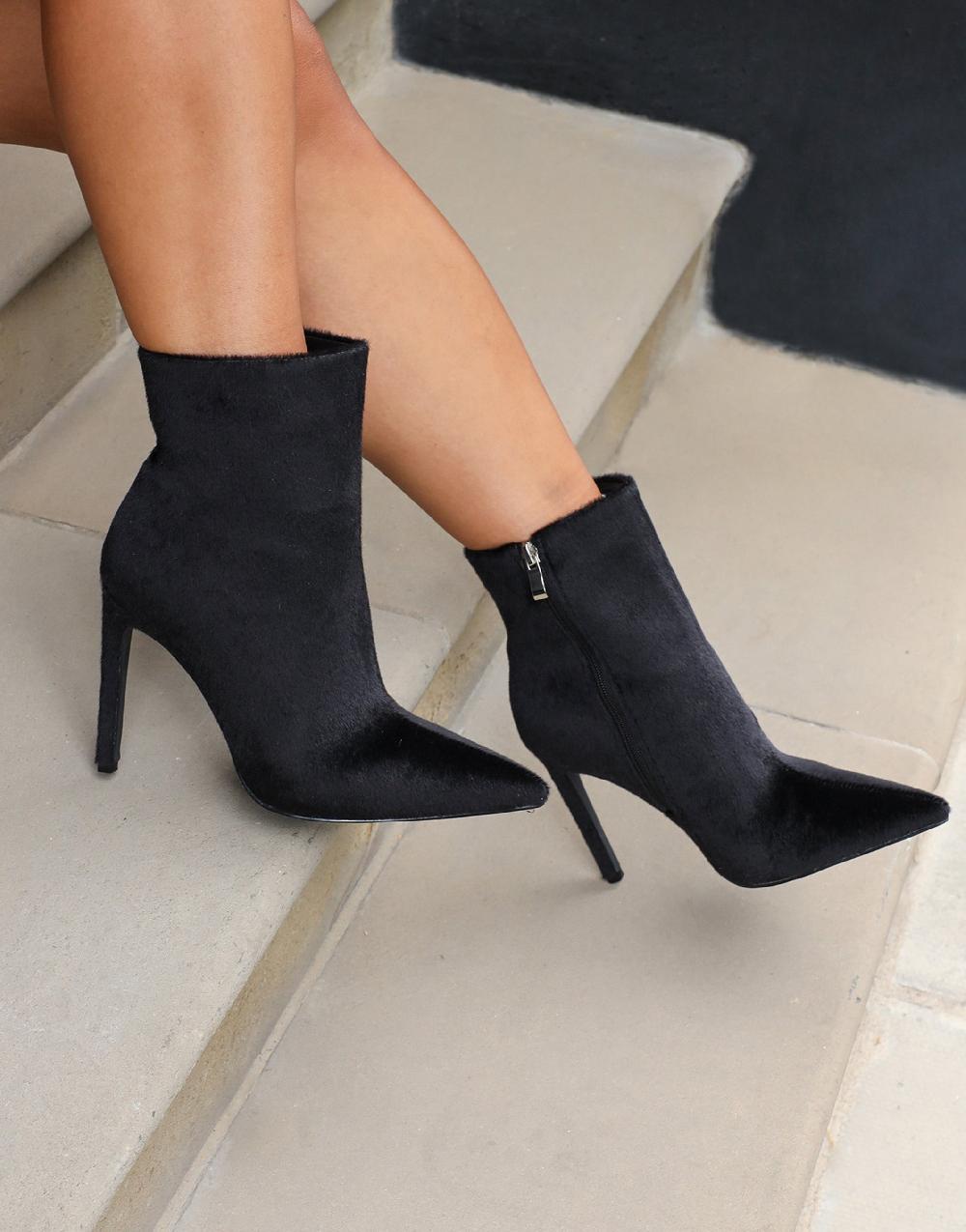 simmi Black Faux Pony Hair Heeled Ankle Boots