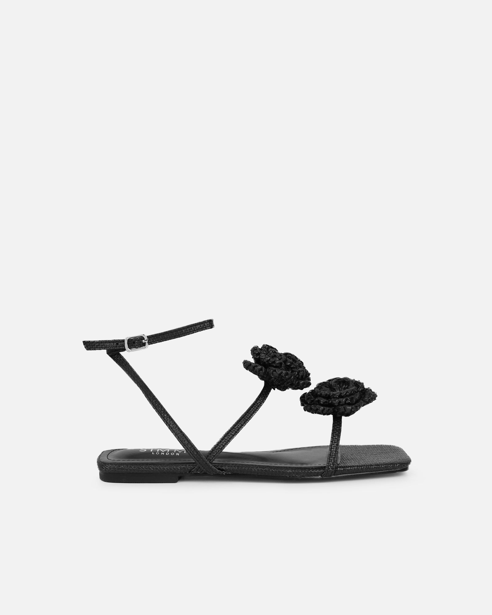 Simmi Black Hesian Flower Detail Flat Sandals