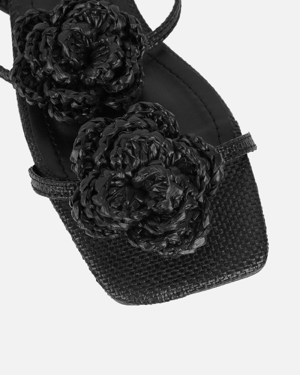 Simmi Black Hesian Flower Detail Flat Sandals