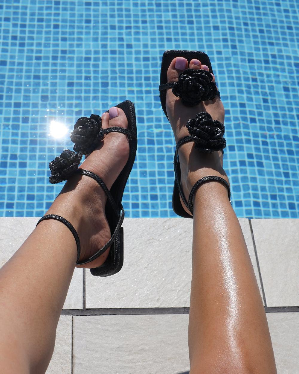 simmi Black Hesian Flower Detail Flat Sandals