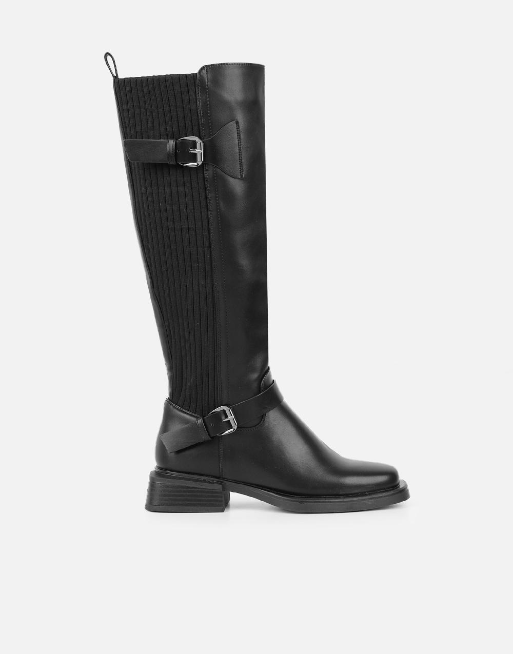 Simmi Black Knee High Buckle Detail Sock Boots
