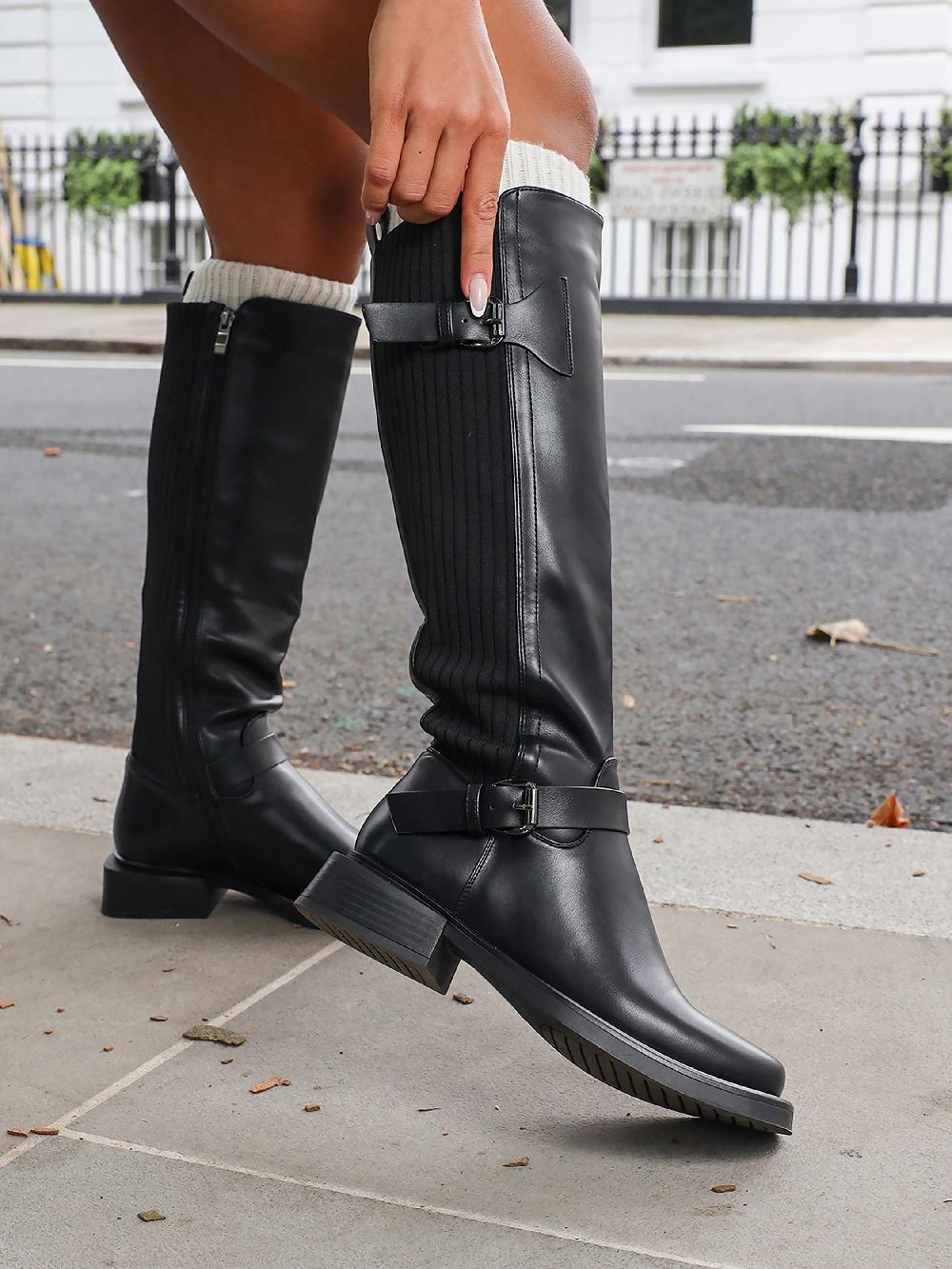 simmi Black Knee High Buckle Detail Sock Boots