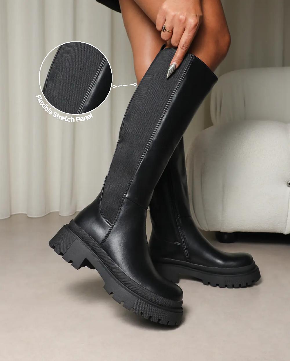 Simmi Black Knee High Sock Chunky Boots