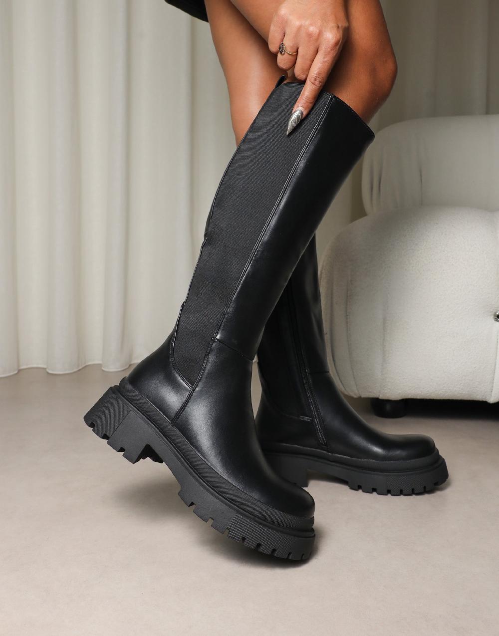 simmi Black Knee High Sock Chunky Boots