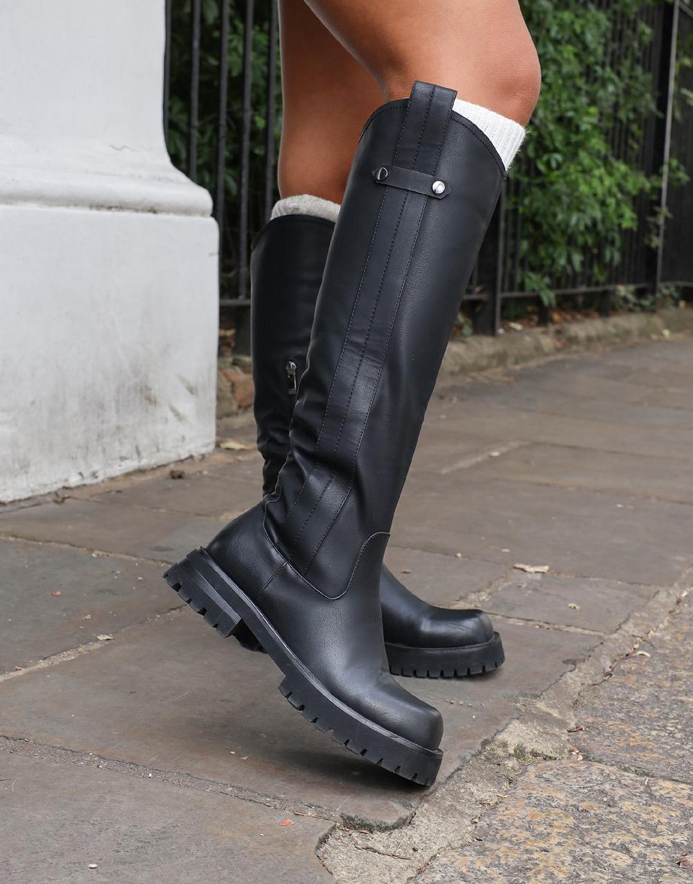 simmi Black Knee High Tab Detail Boots