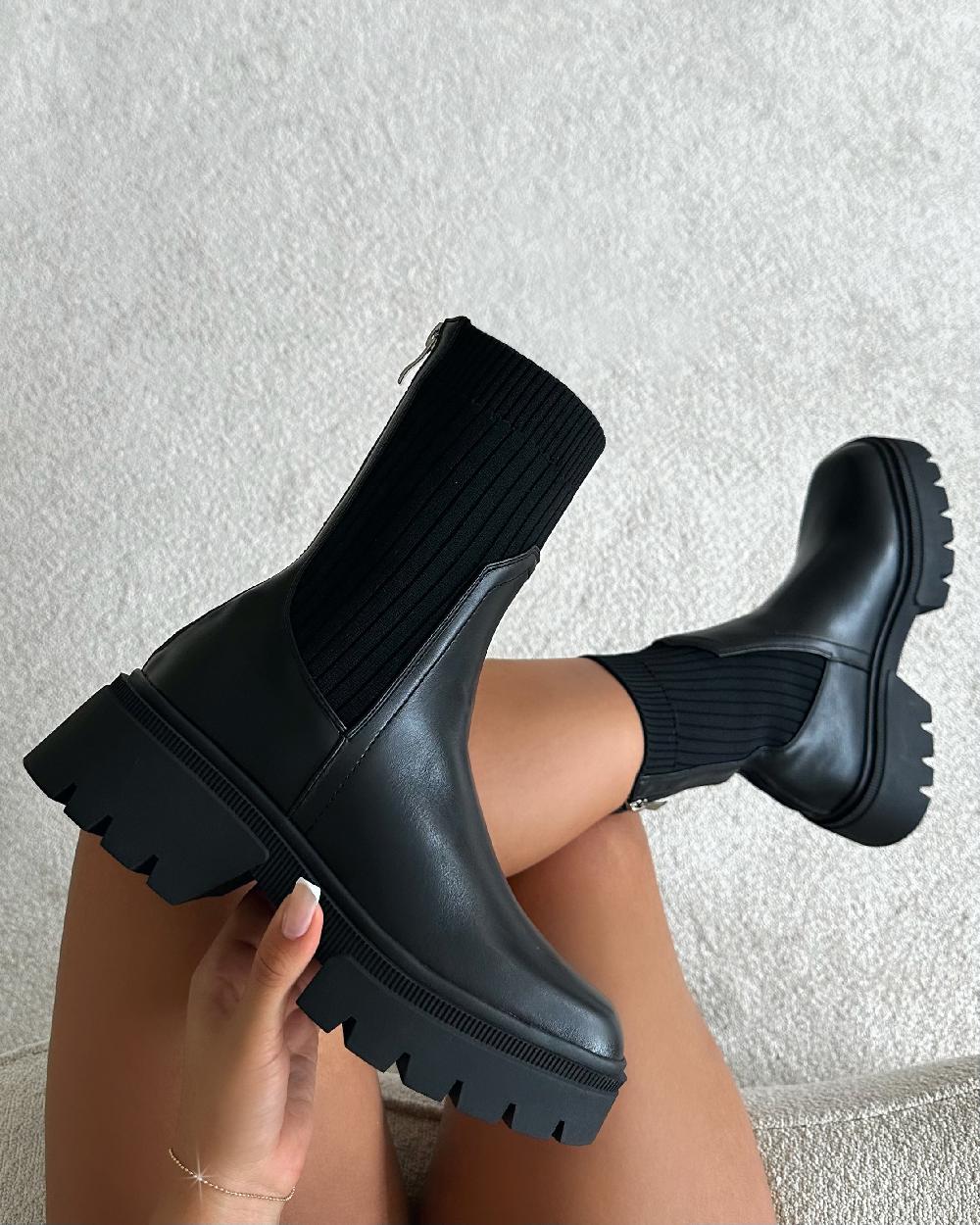 simmi Black Knit Chunky Ankle Boots