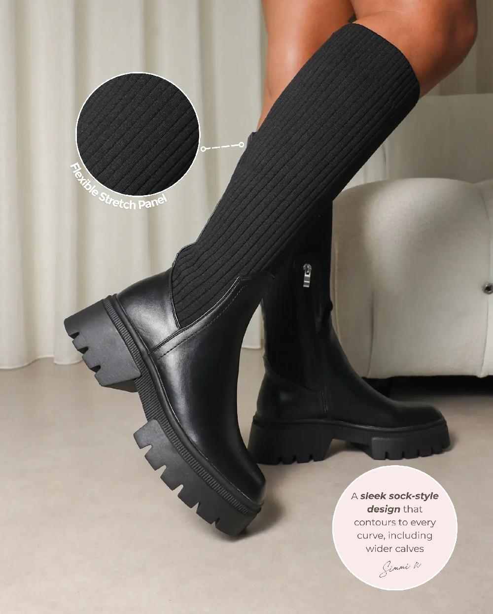 Simmi Black Knit Knee High Chunky Boots