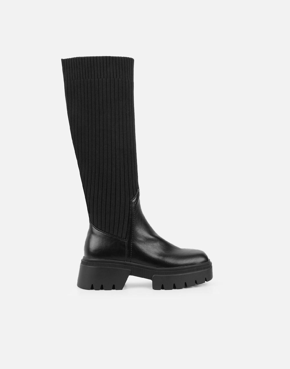 Simmi Black Knit Knee High Chunky Boots