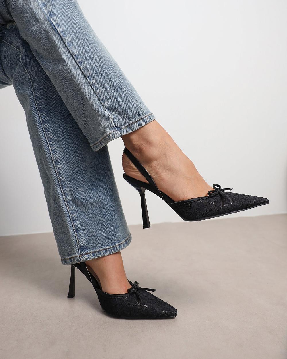 Simmi Black Lace Bow Heeled Sandals